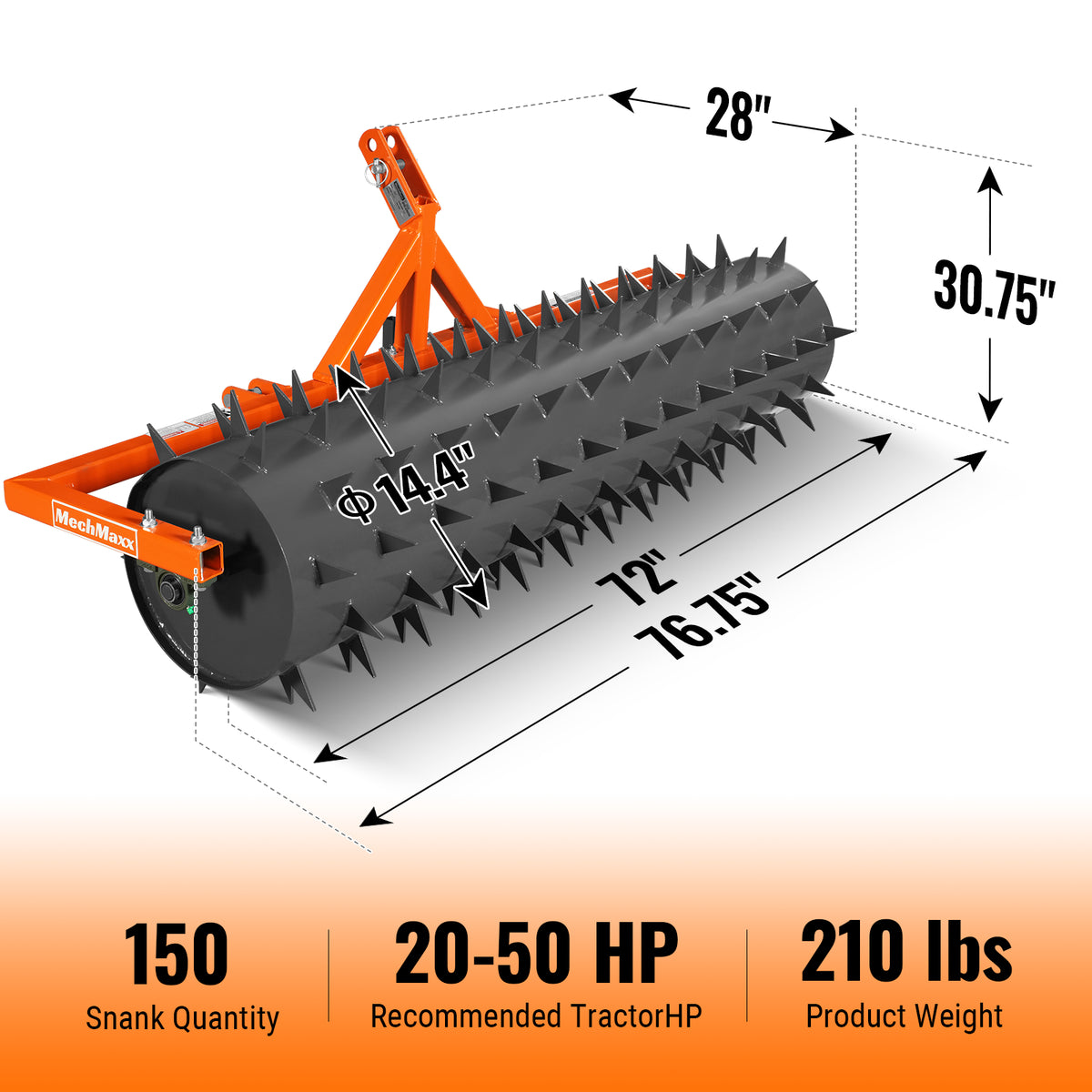 72" Drum Spike Aerator Cat. 1 3-Point Hitch Tractor Attachment, DSA72