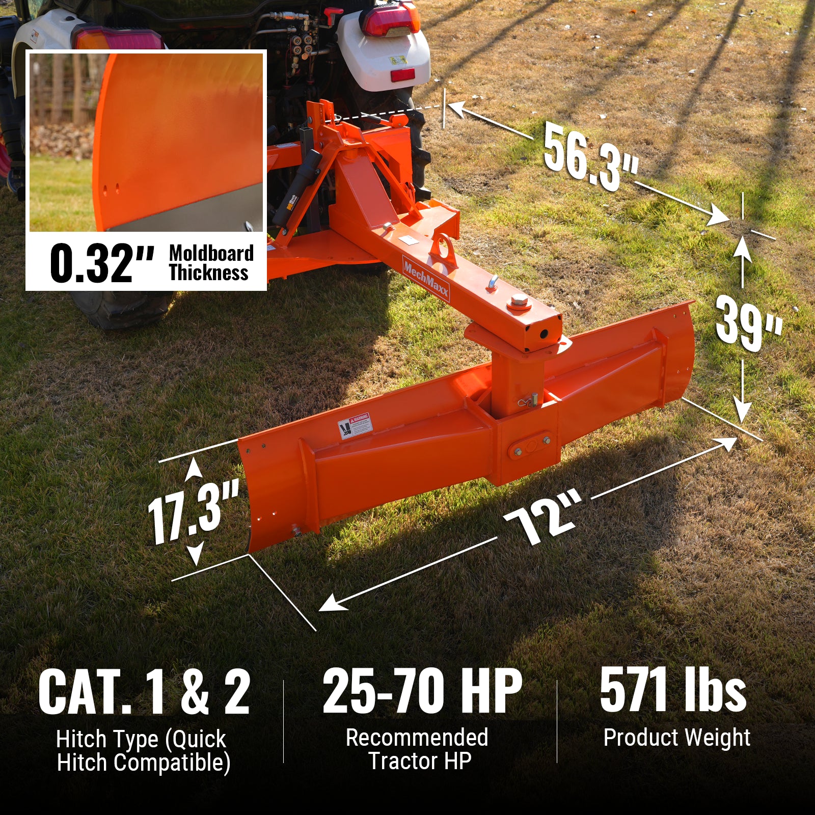 72" Heavy Duty 6-Way Rear Blade 3 Point Hitch Tractor Attachment, RB72SE