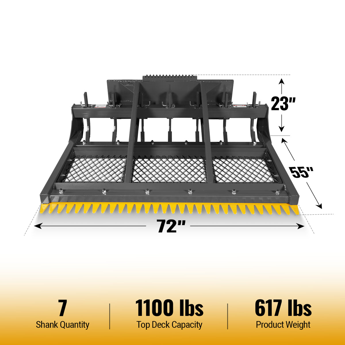 72" Skid Steer Land Plane with 7 Adjustable Scarifier Shanks, Removable Sift Screen and Bolt-On Cutting Blades, SSLP72