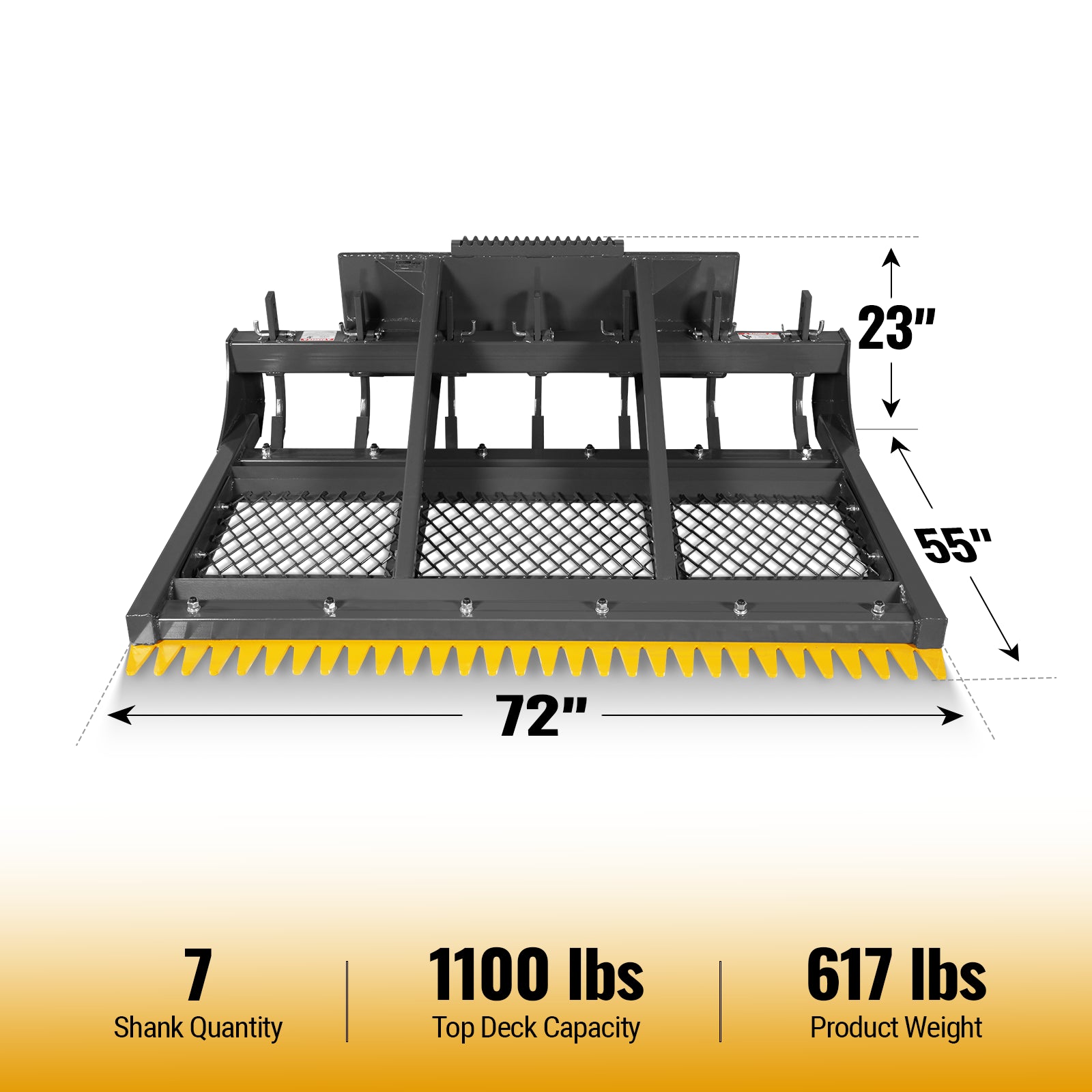 72" Skid Steer Land Plane with 7 Adjustable Scarifier Shanks, Removable Sift Screen and Bolt-On Cutting Blades, SSLP72