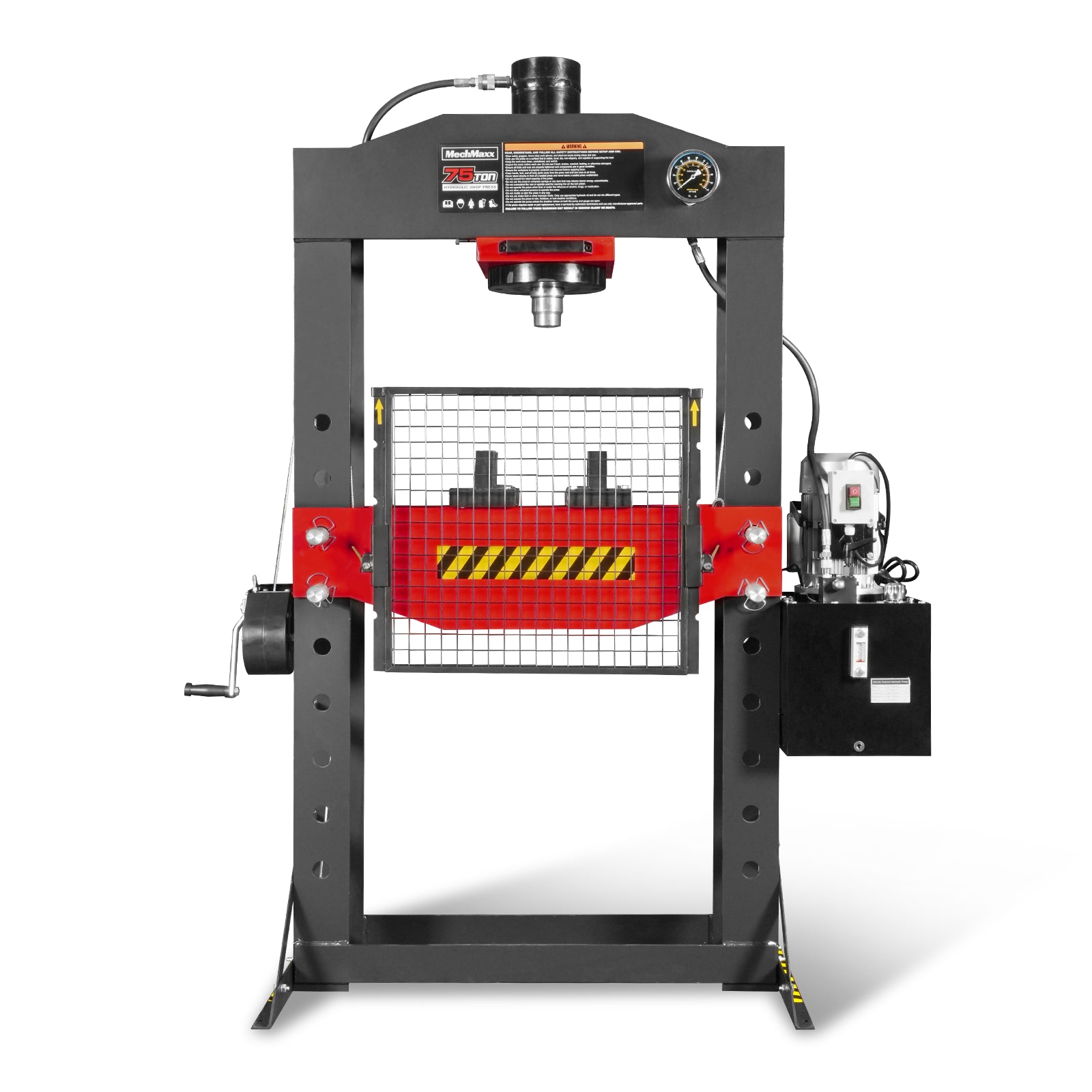 75 Ton H-Frame Electric Hydraulic Shop Press with Hand Winch, 110V Motor, Fully Welded Steel Frame, Safety Guard, Foot Pedal Control, HSP75E