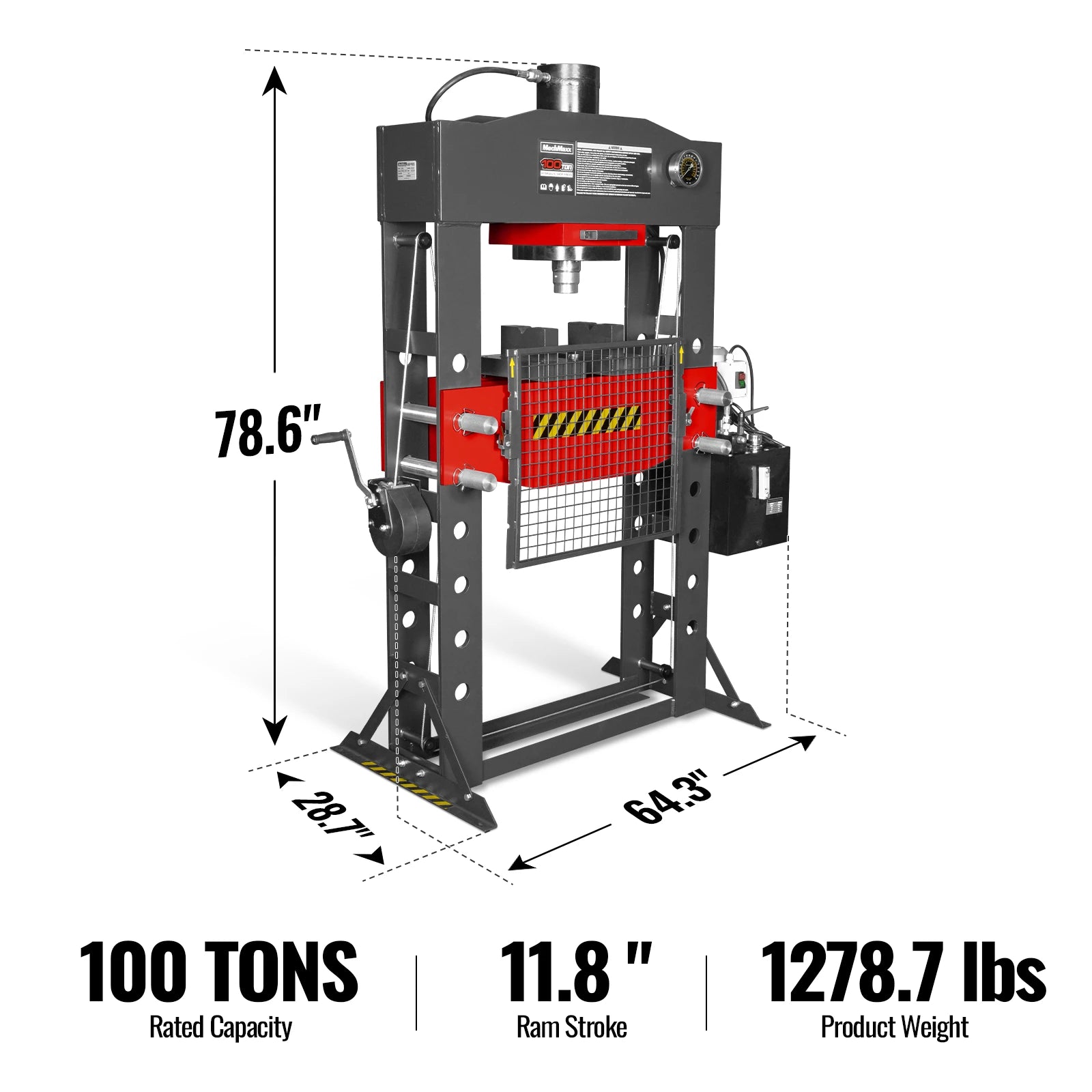 100 Ton H-Frame Electric Hydraulic Shop Press with Hand Winch,  110V Motor,  Fully Welded Steel Frame,  Safety Guard,  Foot Pedal Control,  HSP100E