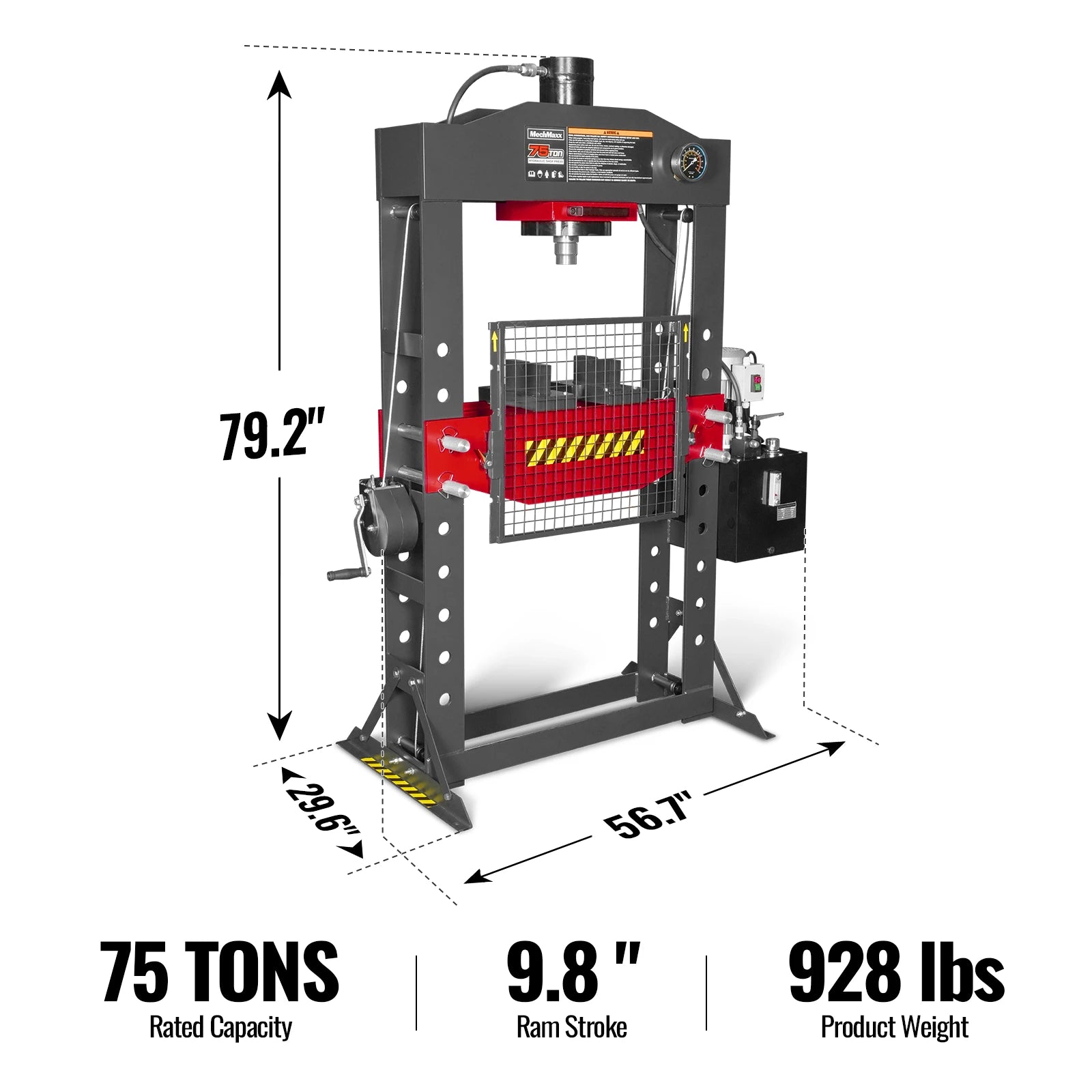 75 Ton H-Frame Electric Hydraulic Shop Press with Hand Winch,  110V Motor,  Fully Welded Steel Frame,  Safety Guard,  Foot Pedal Control,  HSP75E