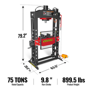 75 Ton H-Frame Air/Hydraulic Shop Press with Hand Winch,  Fully Welded Steel Frame,  Safety Guard,  Foot Pedal Control,  HSP75