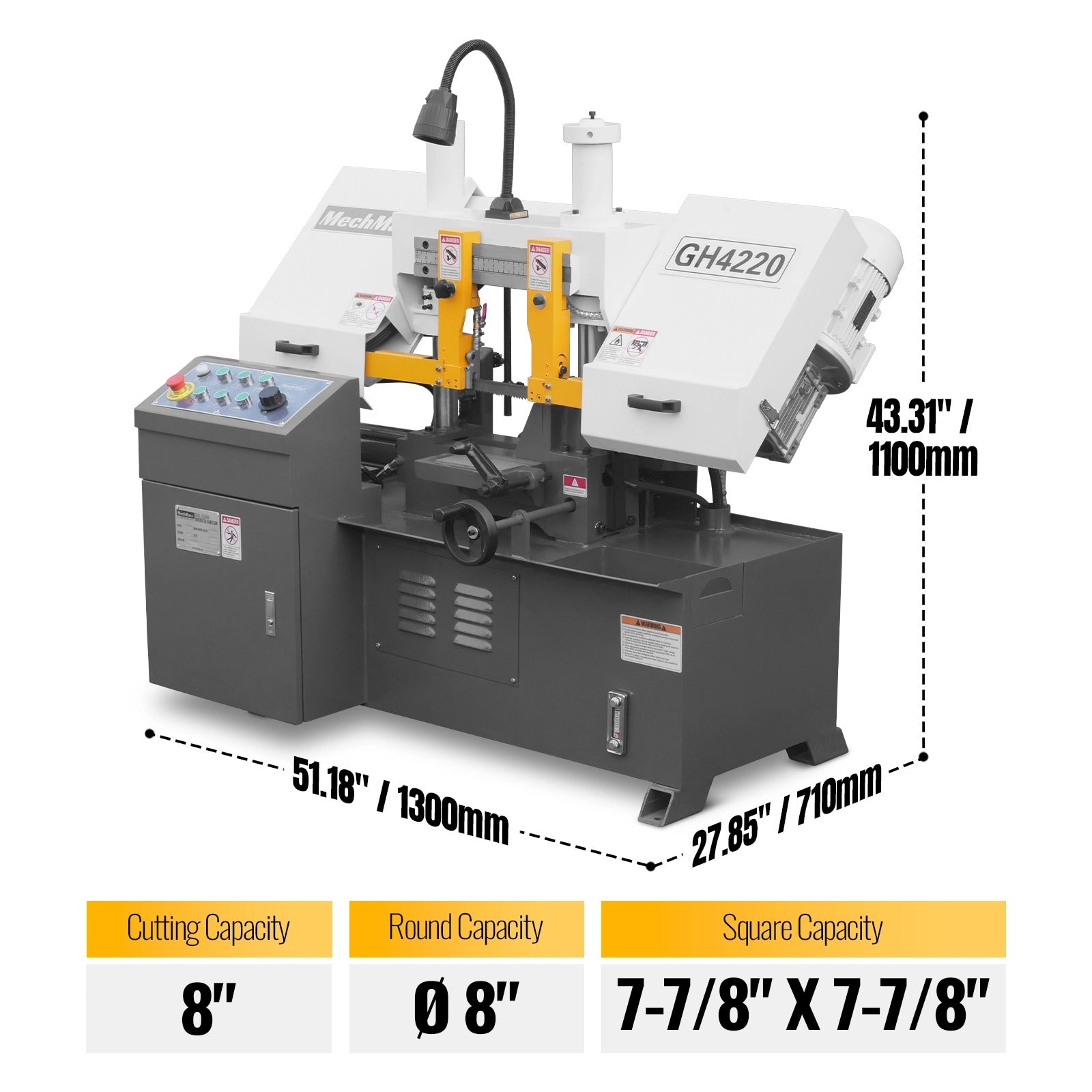 8 Inch 7-7/8" x 7-7/8" Capacity Double Column Horizontal Metal Cutting Band Saw, Vertical Lifting, Gearbox Driven Two-Speed Motor, Hydraulic Feed, Manual Clamping, Coolant System Industrial Bandsaw GH4220