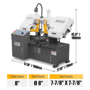 8 Inch 7-7/8" x 7-7/8" Capacity Double Column Horizontal Metal Cutting Band Saw, Vertical Lifting, Gearbox Driven Two-Speed Motor, Hydraulic Feed, Manual Clamping, Coolant System Industrial Bandsaw GH4220
