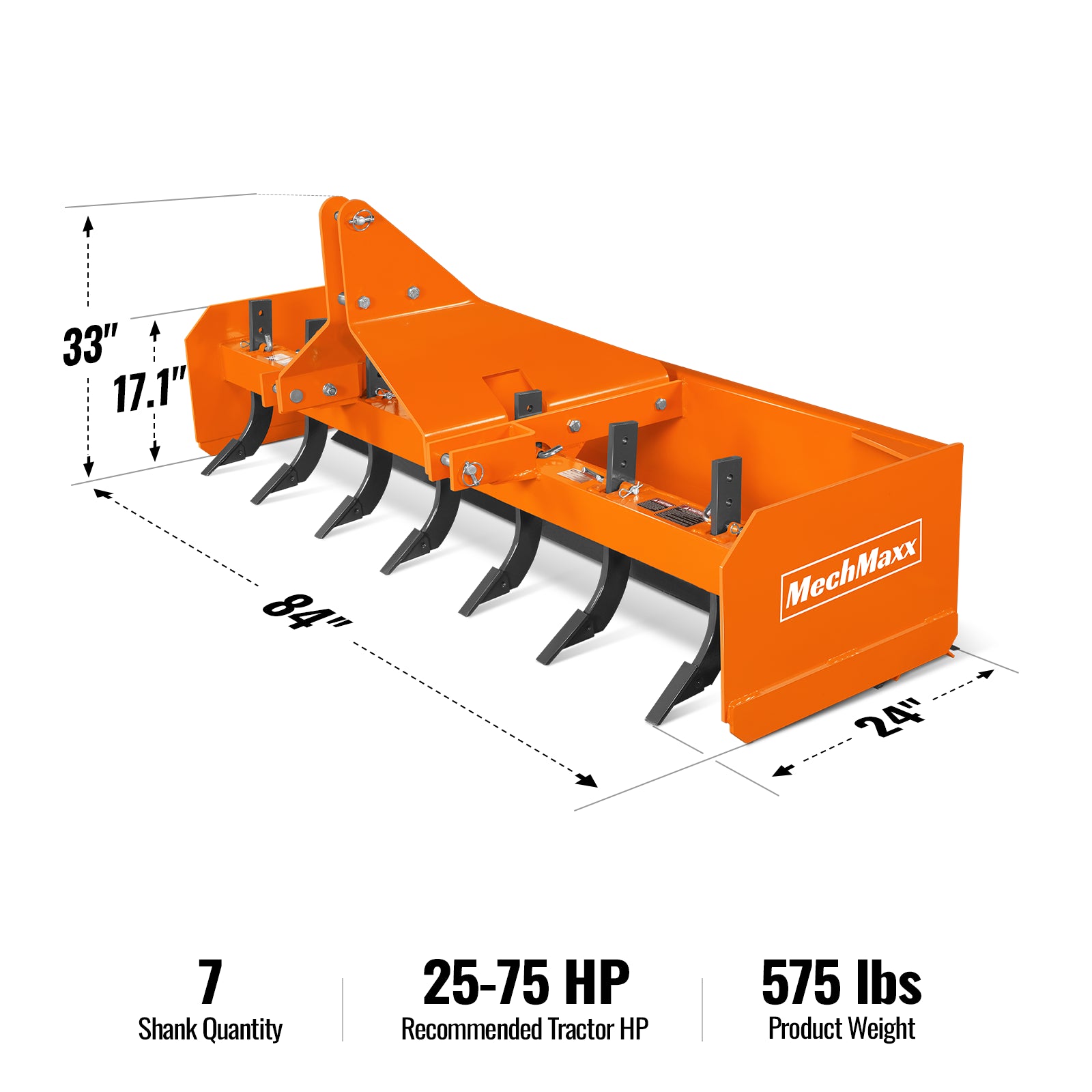 84" Box Blade Scraper with 7 Shanks 3 Point Hitch Tractor Attachment, BB84