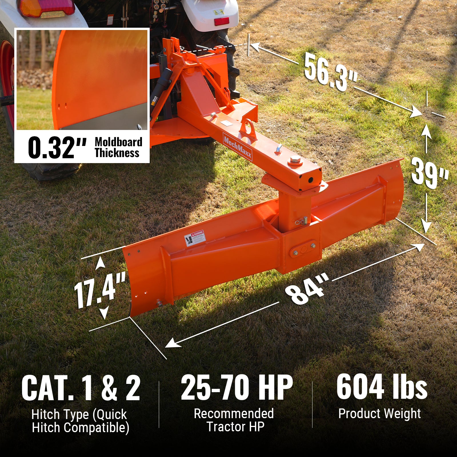 84" Heavy Duty 6-Way Rear Blade 3 Point Hitch Tractor Attachment, RB84SE