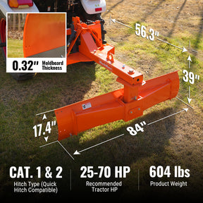 84" Heavy Duty 6-Way Rear Blade 3 Point Hitch Tractor Attachment, RB84SE