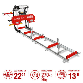 22" Portable Sawmill, 270cc 9HP Gasoline Engine, 20" Board Width, 13' Track Length , SM22