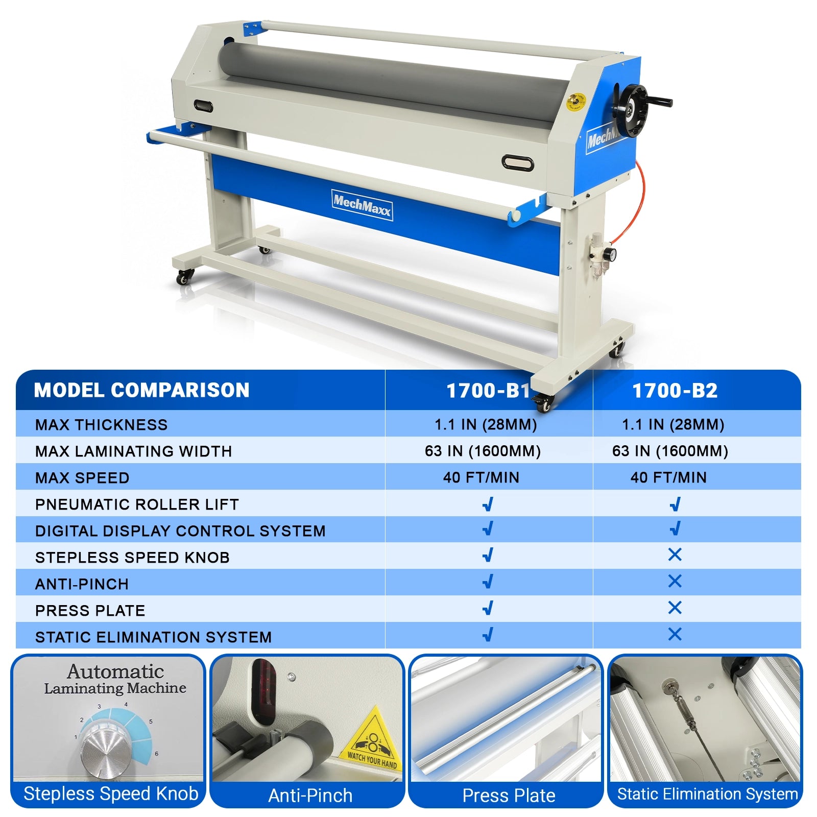 65" Wide Format Full-Auto Cold & Heat Assisted Pneumatic Laminator Machine with 4 Trimmers, Max Speed 40ft/min, 63" Max Width, 1.1" Max Thickness, Infrared Heating, Digital Control Pneumatic Roller Lifting (Requires Air Compressor, Not Included) 1700-B2