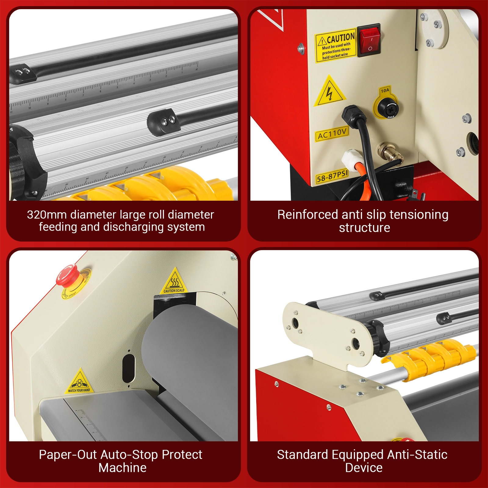 65" Wide Format Full-Auto Cold & Heat Assisted Pneumatic Laminator Machine with 4 Trimmers, Max Speed 40ft/min, 63" Max Width, Infrared Heating, Digital Control Pneumatic Roller Lifting (Requires Air Compressor, Not Included) 1700-B2RED