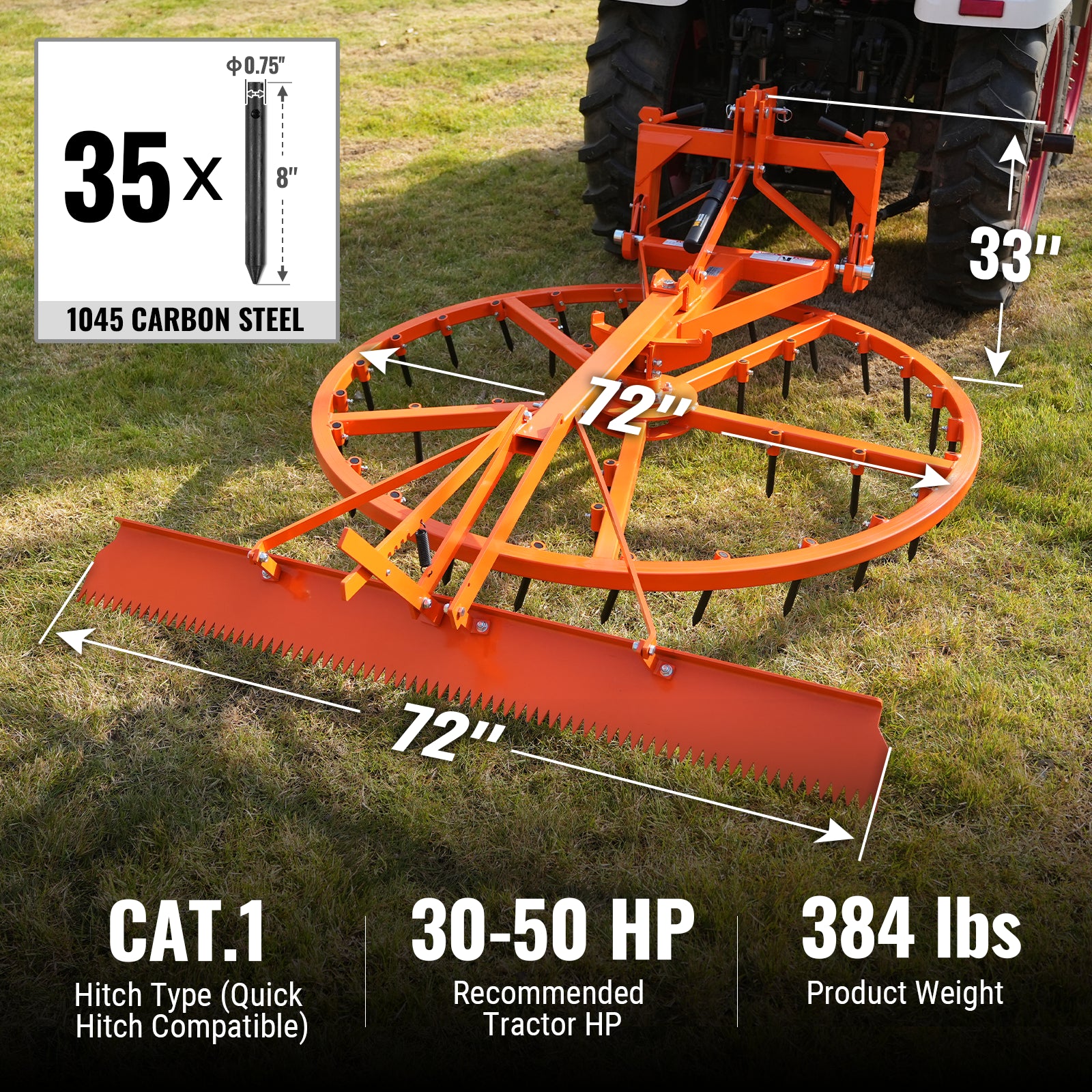 72" Arena Spin Harrow Groomer with 35 Tines and Rake Cat.1 3 Point Hitch Grooming Attachment, AHG72R