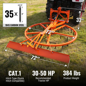 72" Arena Spin Harrow Groomer with 35 Tines and Rake Cat.1 3 Point Hitch Grooming Attachment, AHG72R