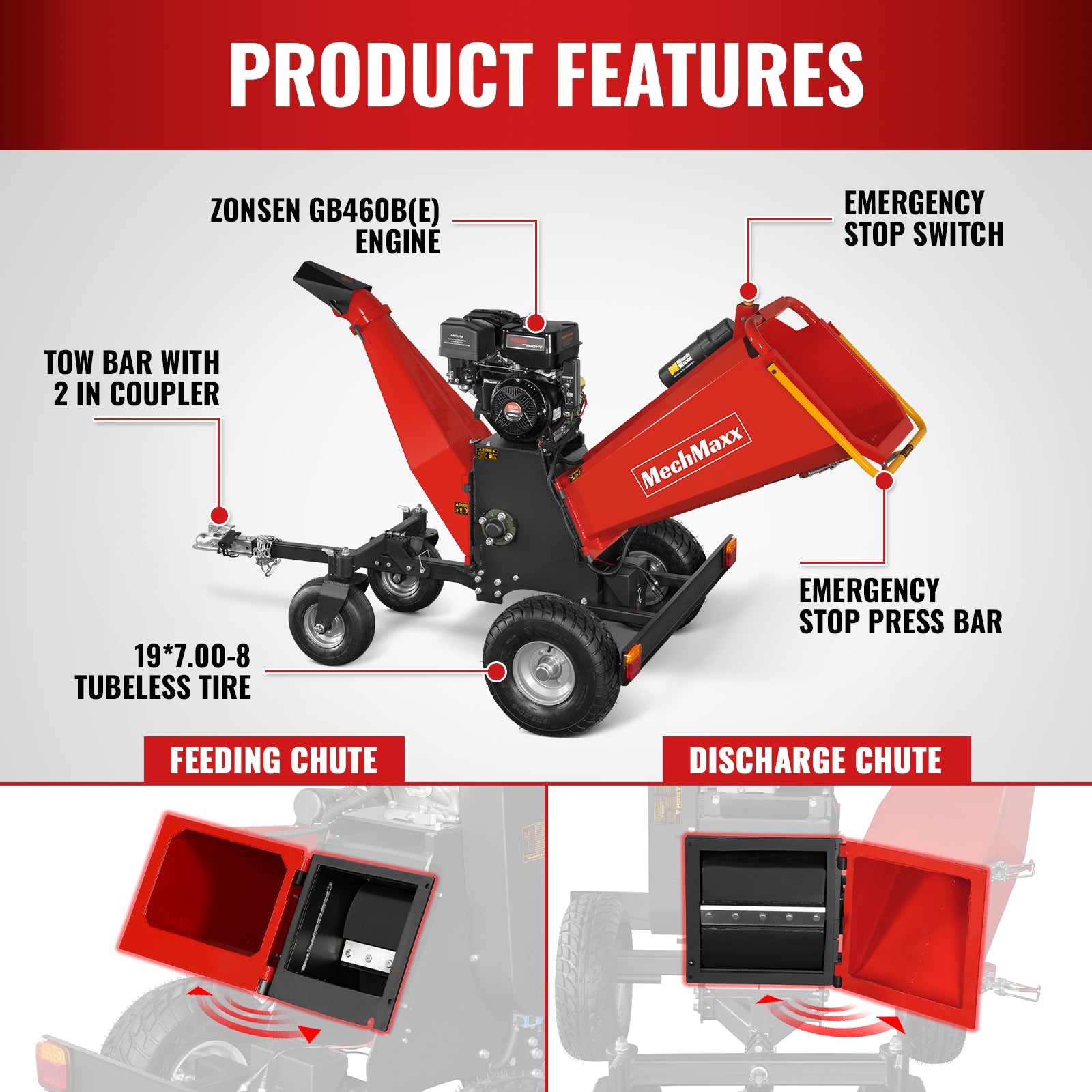 6 inch ZONSEN E-Start 459cc 15hp Gas Powered 4 - Wheel Drum Wood Chipper with Taillight , B150