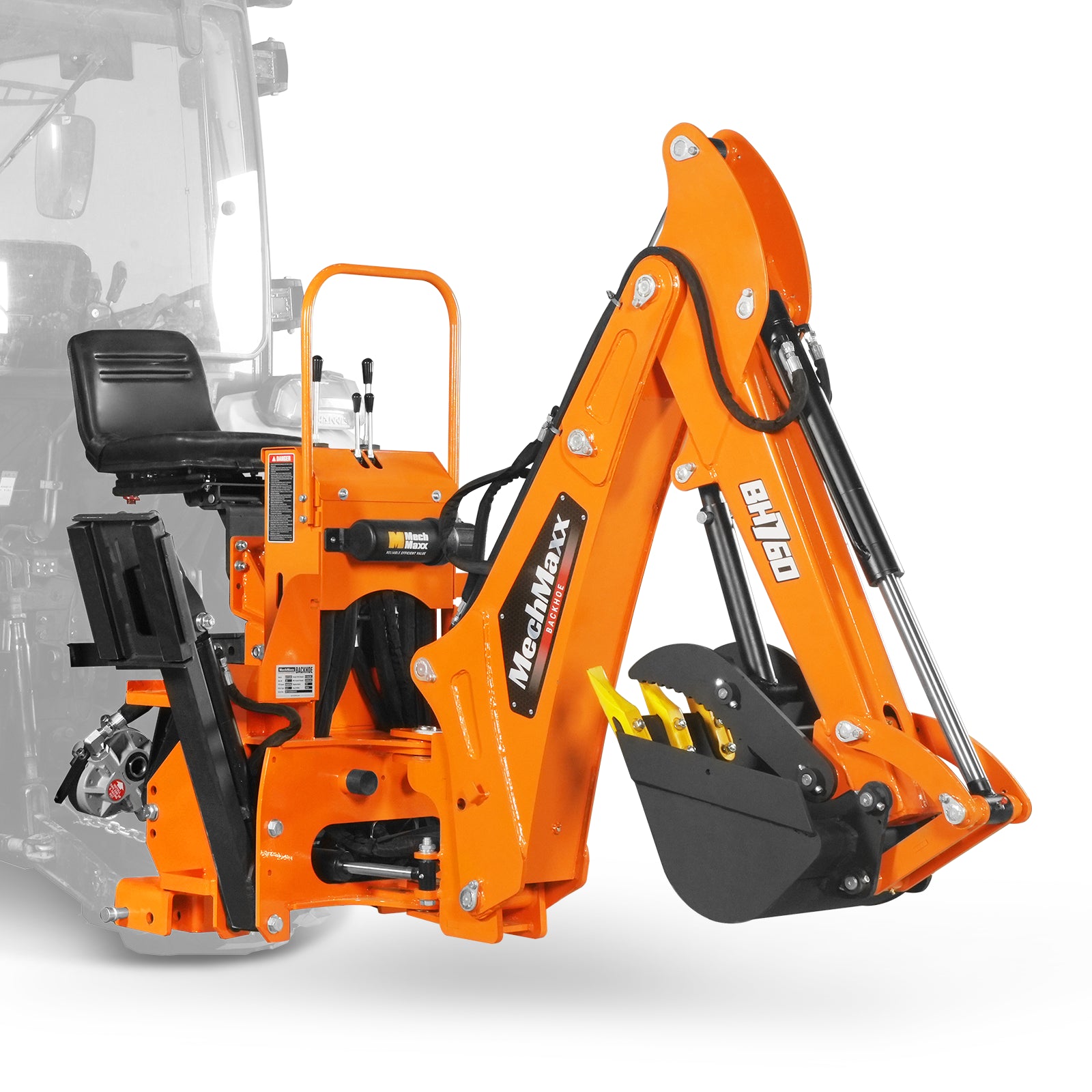 8' Tractor Backhoe Attachment with Mechanical Thumb,  15" Bucket,  ISO/SAE Switchable Controls,  Self-Contained Hydraulic System,  3 Point Hitch Cat.1 & 2,  20-100 HP,  BH760M