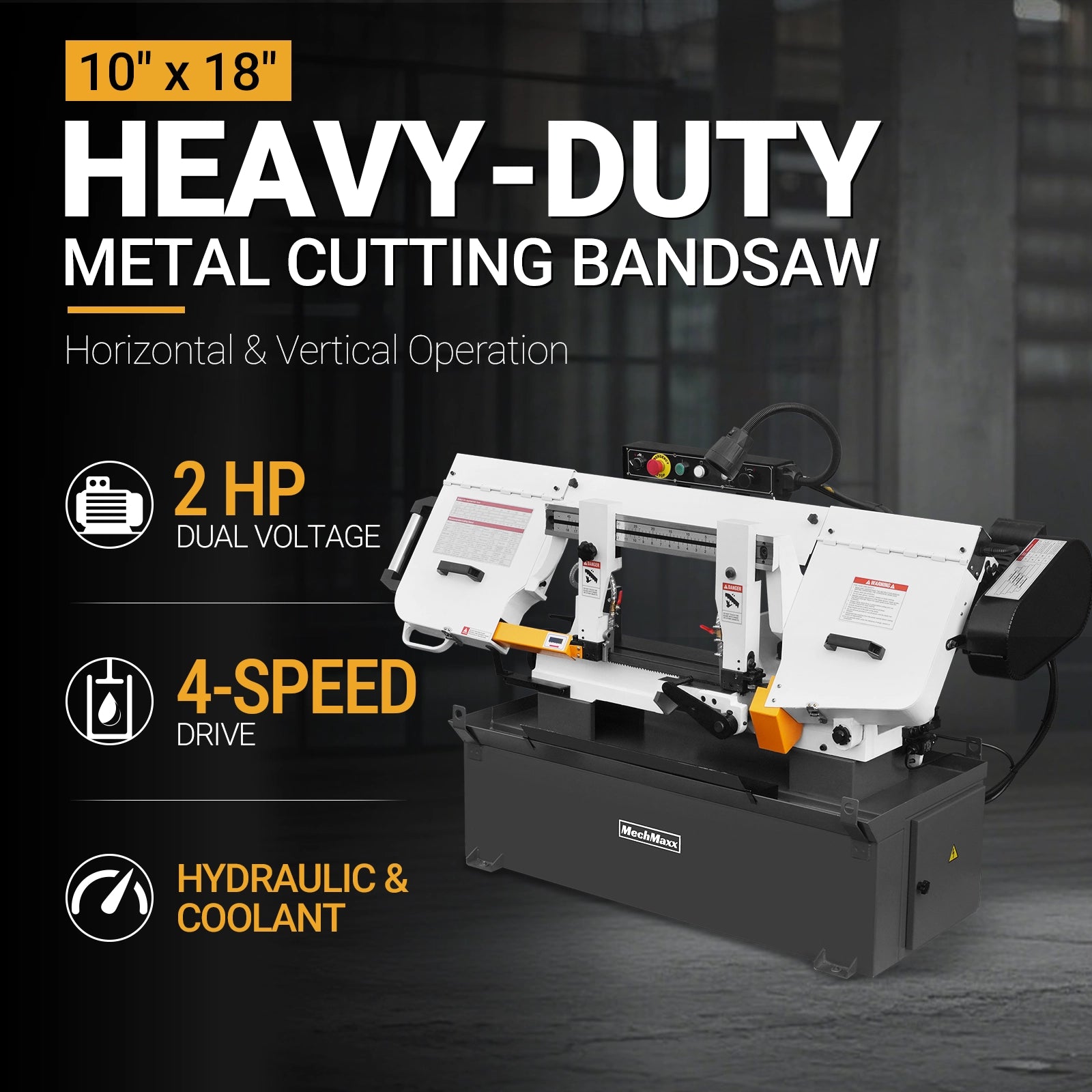 Metal Cutting Band Saw, 10" Round / 18"x5" Rectangular Capacity, 2HP 1.5kW Motor, 4-Speed (35-114 MPM), Horizontal Bandsaw with 0-45° Swivel, Hydraulic Downfeed, 230V 1PH 60Hz, Industrial Grade for Steel, Aluminum & Alloys BS-1018B