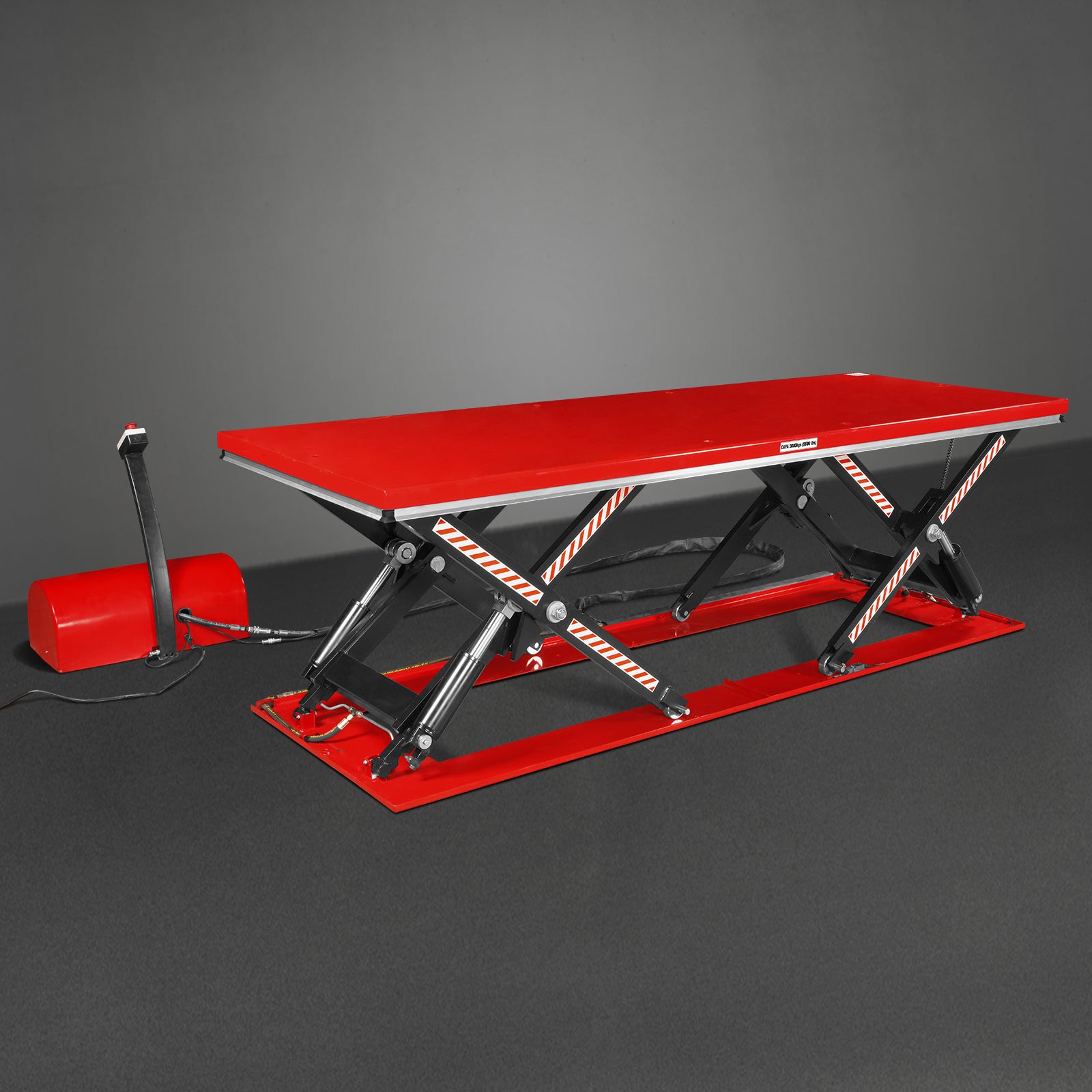 Stationary Electric Hydraulic Parallel Double Scissor Lift Table 6600lb Capacity, Platform Size, 112.9” x 39.4”, Height 34.3”