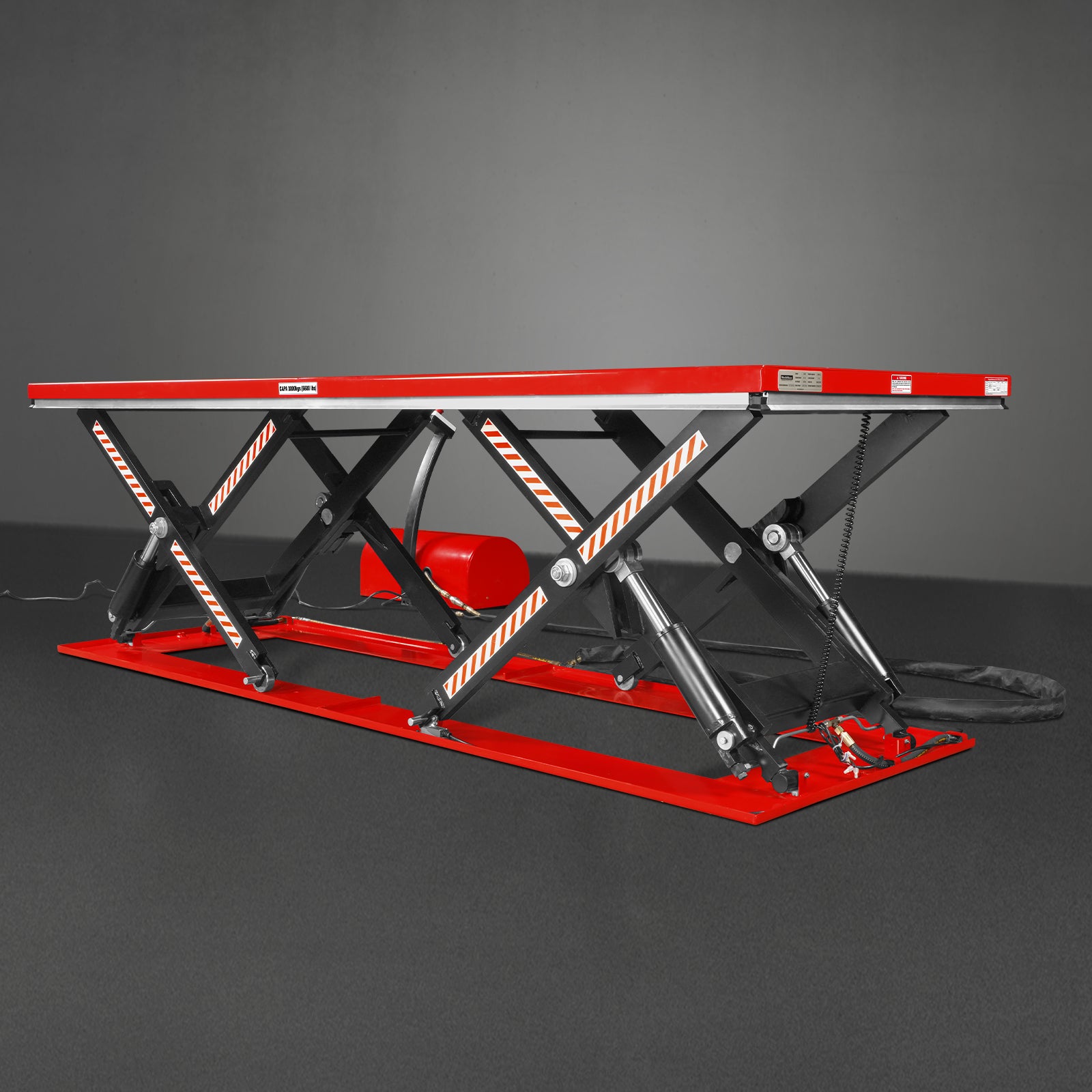 Stationary Electric Hydraulic Parallel Double Scissor Lift Table 6600lb Capacity, Platform Size, 112.9” x 39.4”, Height 34.3”