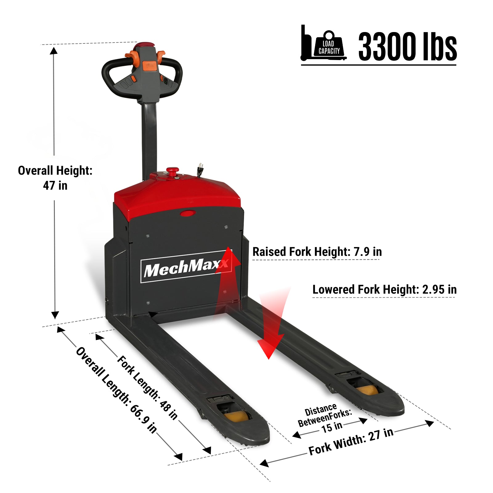 Full Electric Powered Pallet Jack Truck 3300lbs Capacity 48'' x 27'' Fork, EPT33