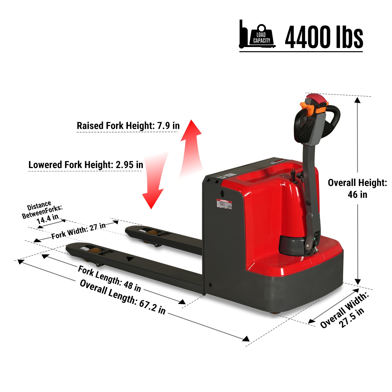 4400lbs Capacity Lithium Electric Walkie Pallet Jack Truck 48'' x 27'' Fork, EPT44LI