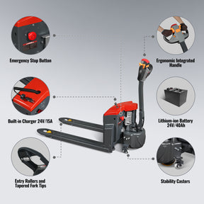 3300lbs Lithium-ion Electric Pallet Jack, 45"x27" Fork, 24V 40Ah Battery, Walkie Type Truck, EPT33