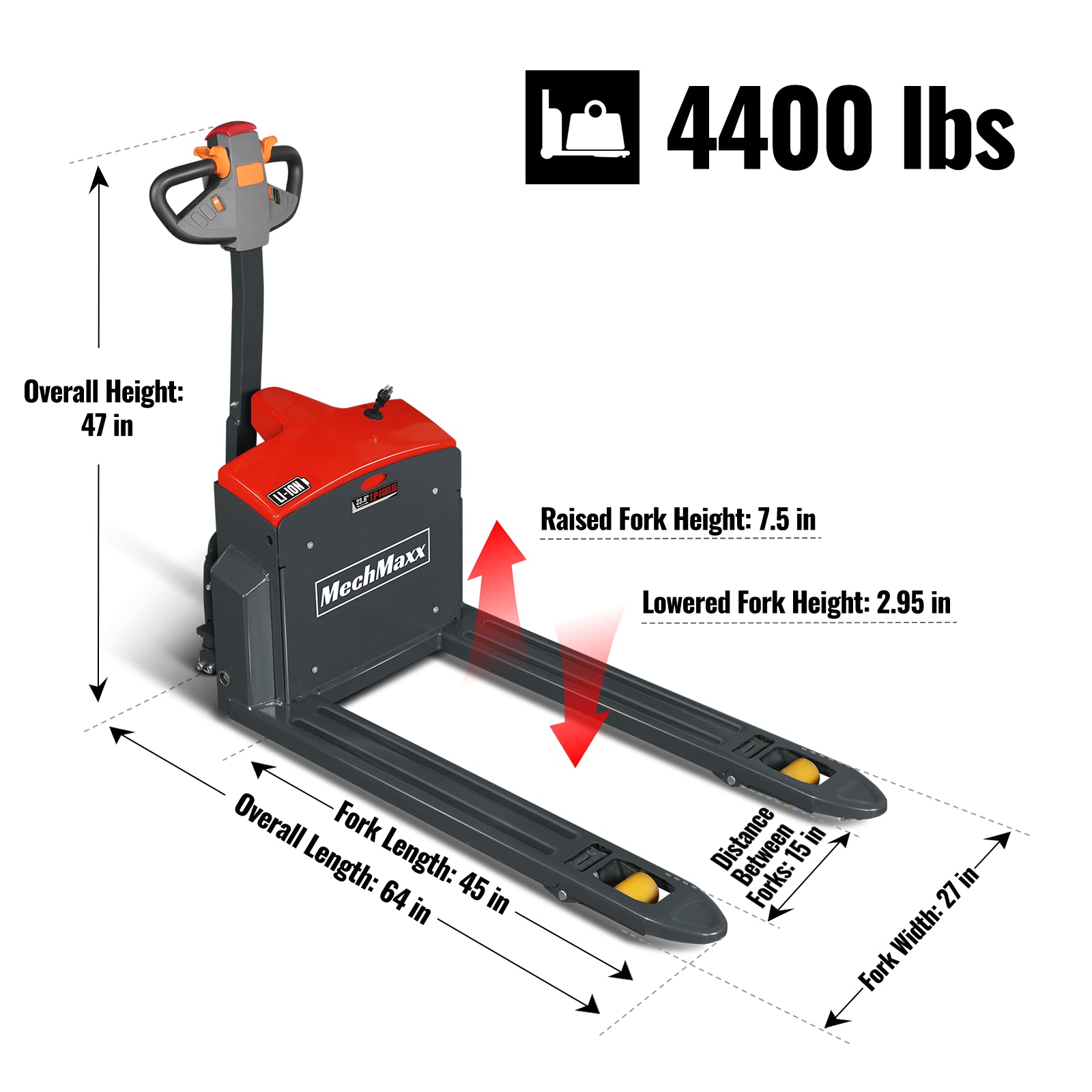 4400lbs Lithium-ion Electric Pallet Jack, 45"x27" Fork, 48V 50Ah Battery, Walkie Type Truck, EPT44