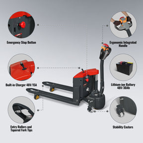 4400lbs Lithium-ion Electric Pallet Jack, 45"x27" Fork, 48V 50Ah Battery, Walkie Type Truck, EPT44