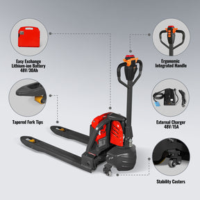 4400lbs Lithium-ion Electric Pallet Jack, 45"x27" Fork, 48V 30Ah Removable Battery, Walkie Type Truck, LPT44