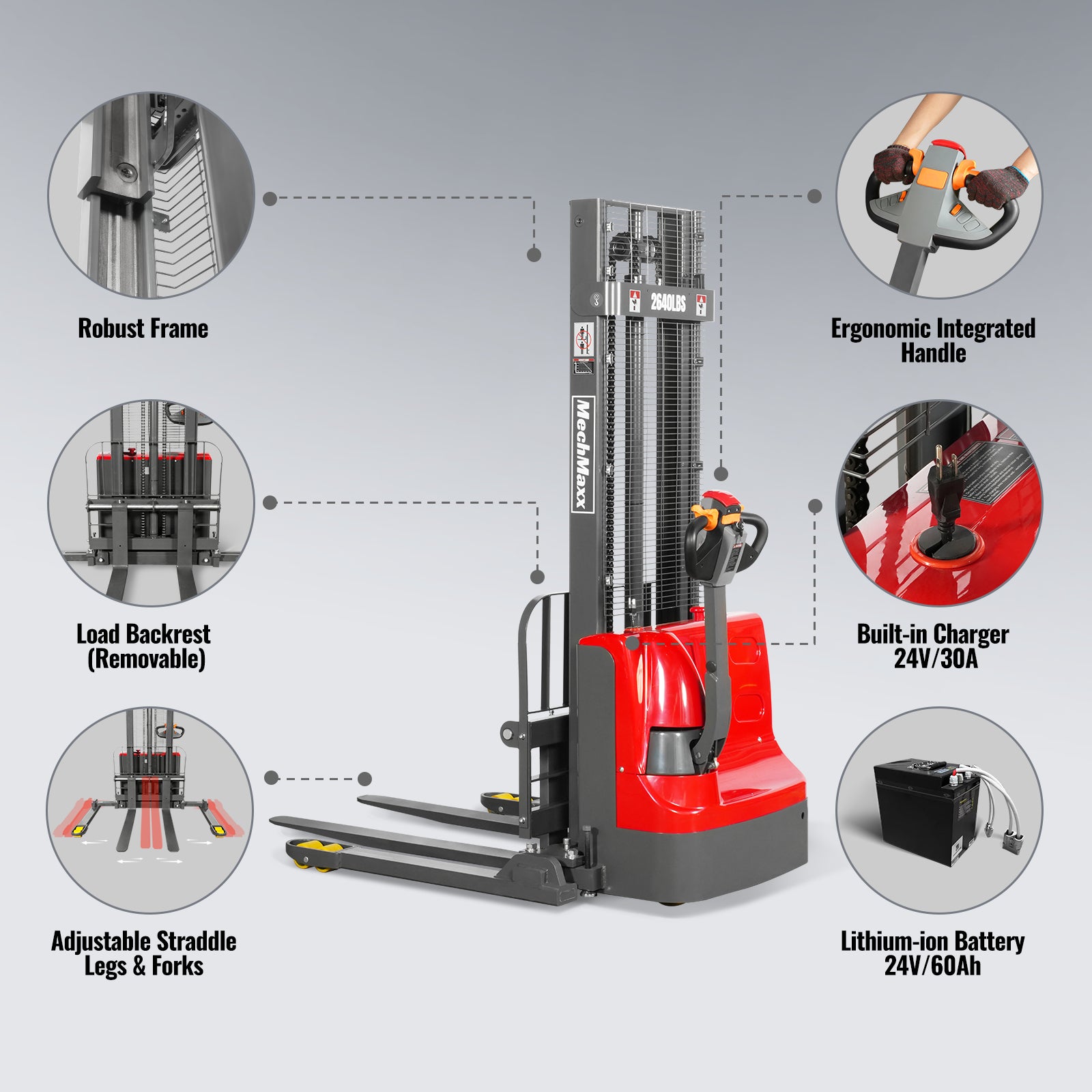 2640lbs Lithium-ion Electric Straddle Stacker, 118" Lift, Adjustable Legs & Forks, F26-118S