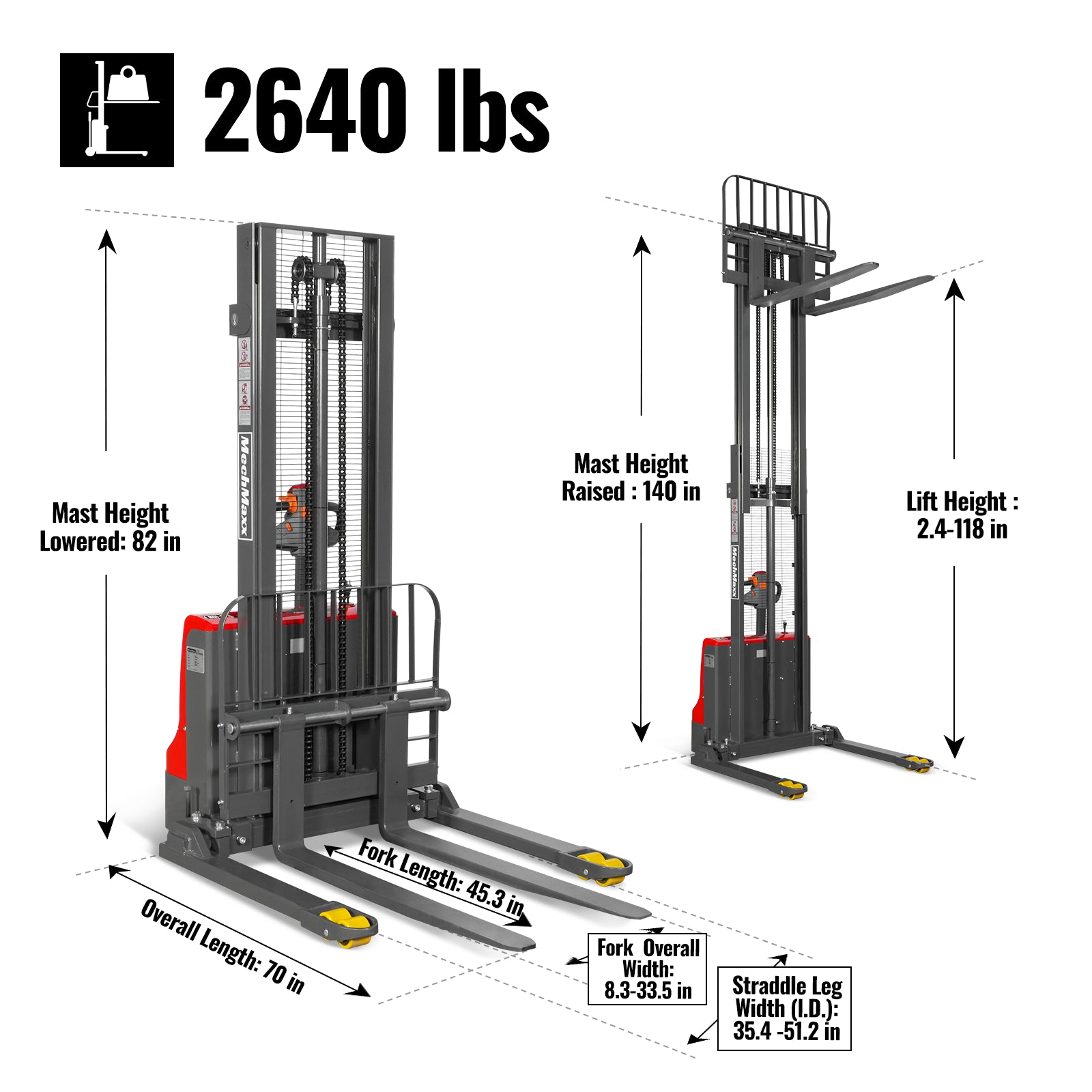 2640lbs Lithium-ion Electric Straddle Stacker, 118" Lift, Adjustable Legs & Forks, F26-118S