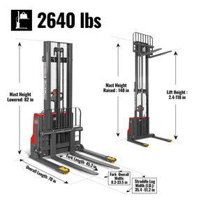 2640lbs Lithium-ion Electric Straddle Stacker, 118" Lift, Adjustable Legs & Forks, F26-118S