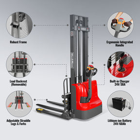 2640lbs Lithium-ion Electric Straddle Stacker, 138" Lift, Adjustable Legs & Forks, F26-138S