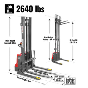 2640lbs Lithium-ion Electric Straddle Stacker, 138" Lift, Adjustable Legs & Forks, F26-138S