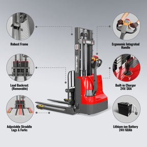 2640lbs Lithium-ion Electric Straddle Stacker, 98" Lift, Adjustable Legs & Forks, F26-98S