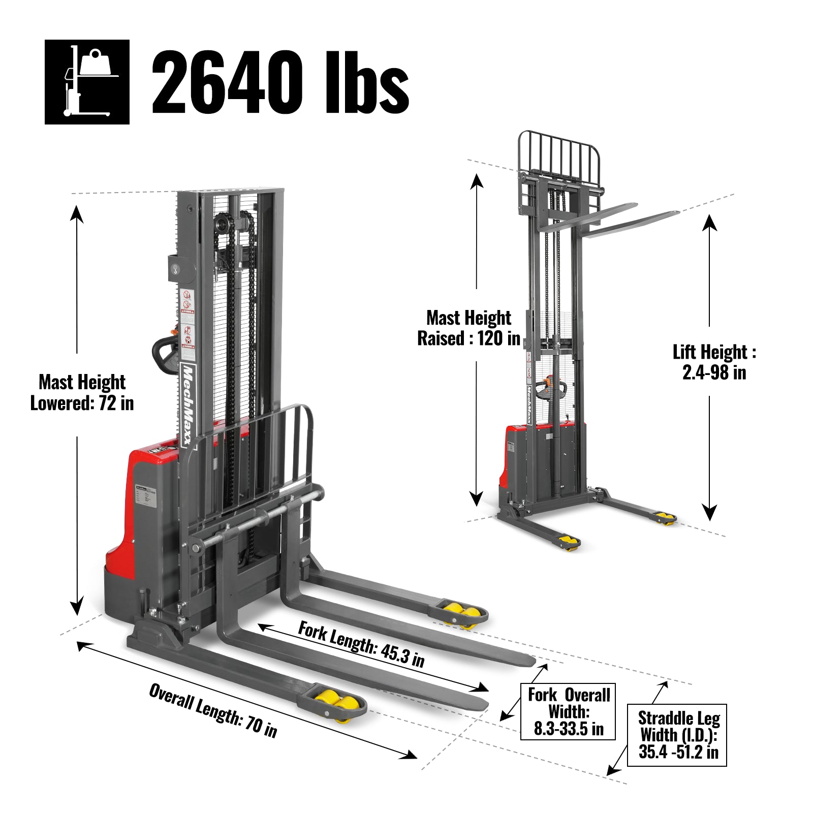 2640lbs Lithium-ion Electric Straddle Stacker, 98" Lift, Adjustable Legs & Forks, F26-98S