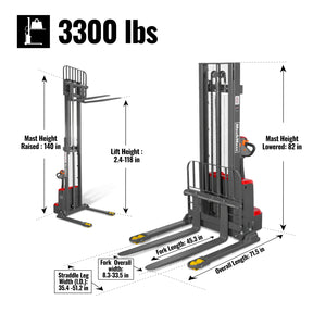 3300lbs Lithium-ion Electric Straddle Stacker, 118" Lift, Adjustable Legs & Forks, F33-118S