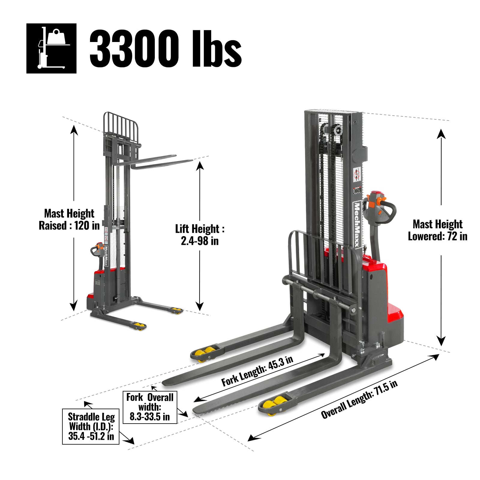 3300lbs Lithium-ion Electric Straddle Stacker, 98" Lift, Adjustable Legs & Forks, F33-98S