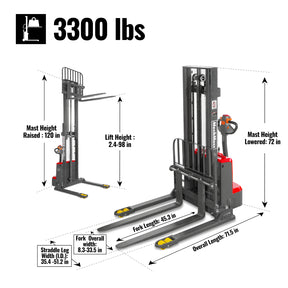 3300lbs Lithium-ion Electric Straddle Stacker, 98" Lift, Adjustable Legs & Forks, F33-98S