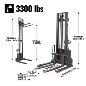 3300lbs Lithium-ion Electric Straddle Stacker, 138" Lift, Adjustable Legs & Forks, F33-138S