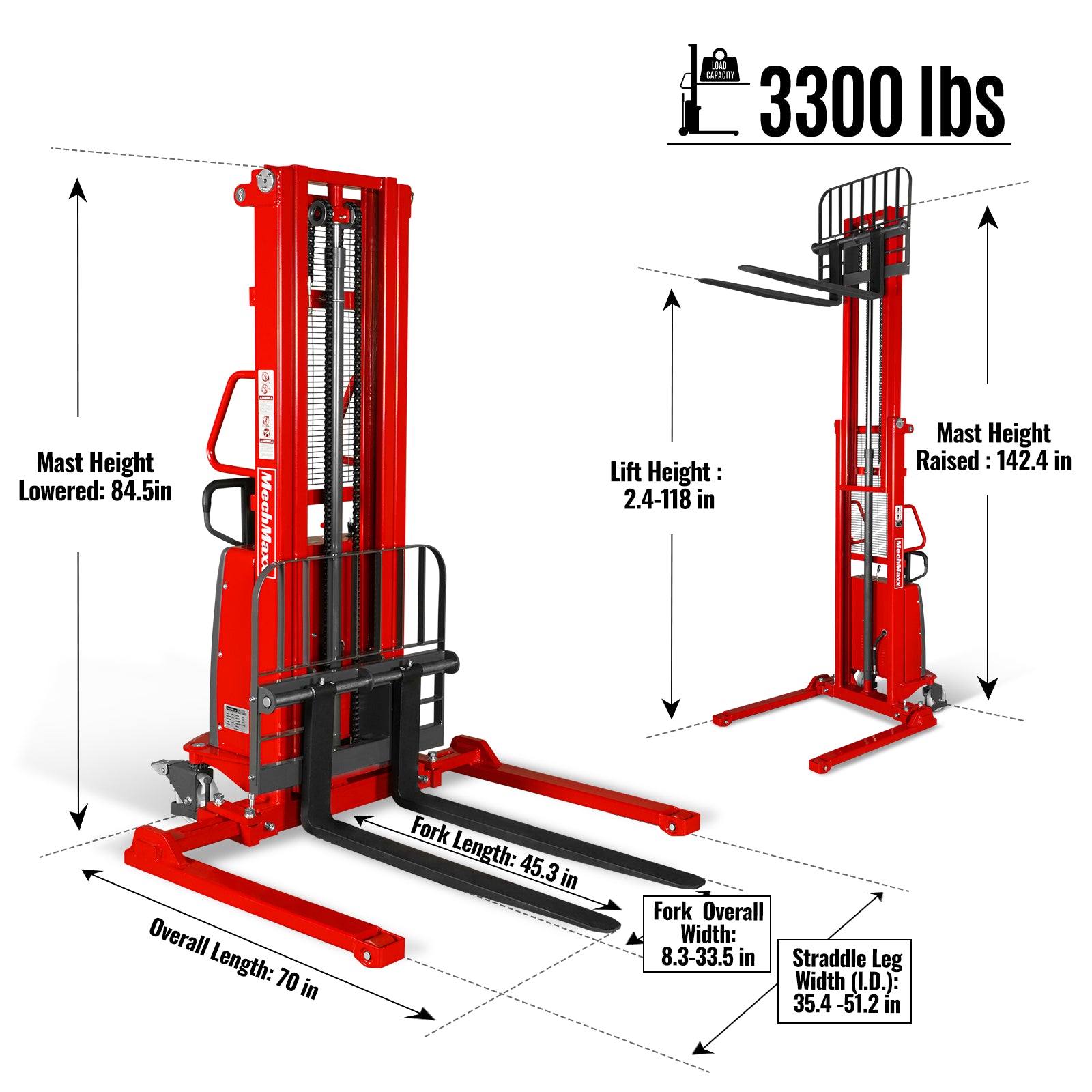 3300lbs Semi-Electric Straddle Stacker, 118" Lift, Adjustable Legs & Forks, S33-118S