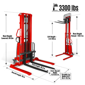 3300lbs Semi-Electric Straddle Stacker, 118" Lift, Adjustable Legs & Forks, S33-118S