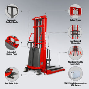 3300lbs Semi-Electric Straddle Stacker, 118" Lift, Adjustable Legs & Forks, S33-118S