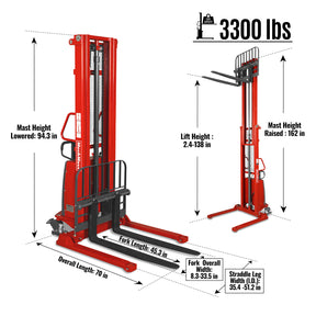 3300lbs Semi-Electric Straddle Stacker, 138" Lift, Adjustable Legs & Forks, S33-138S