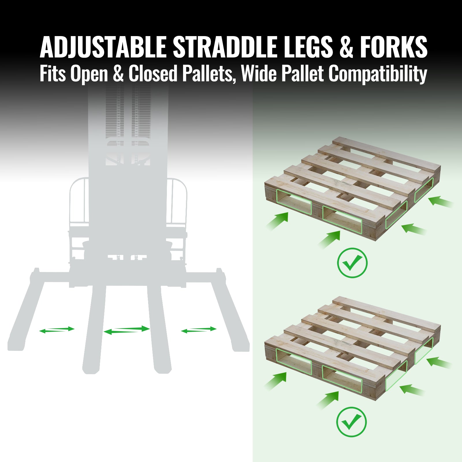 3300lbs Semi-Electric Straddle Stacker, 118" Lift, Adjustable Legs & Forks, S33-118S