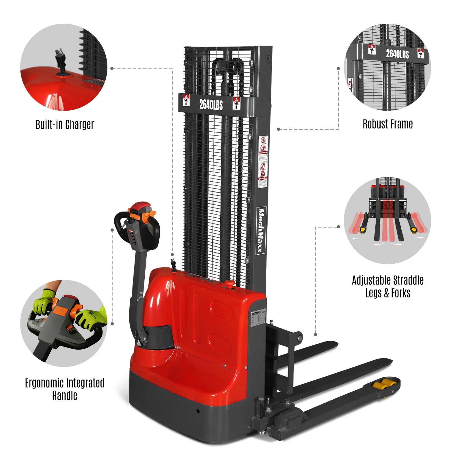 Full Electric Straddle Stacker 118'' Lift 2640lbs Capacity with Adj. Legs and Forks, F26-118S