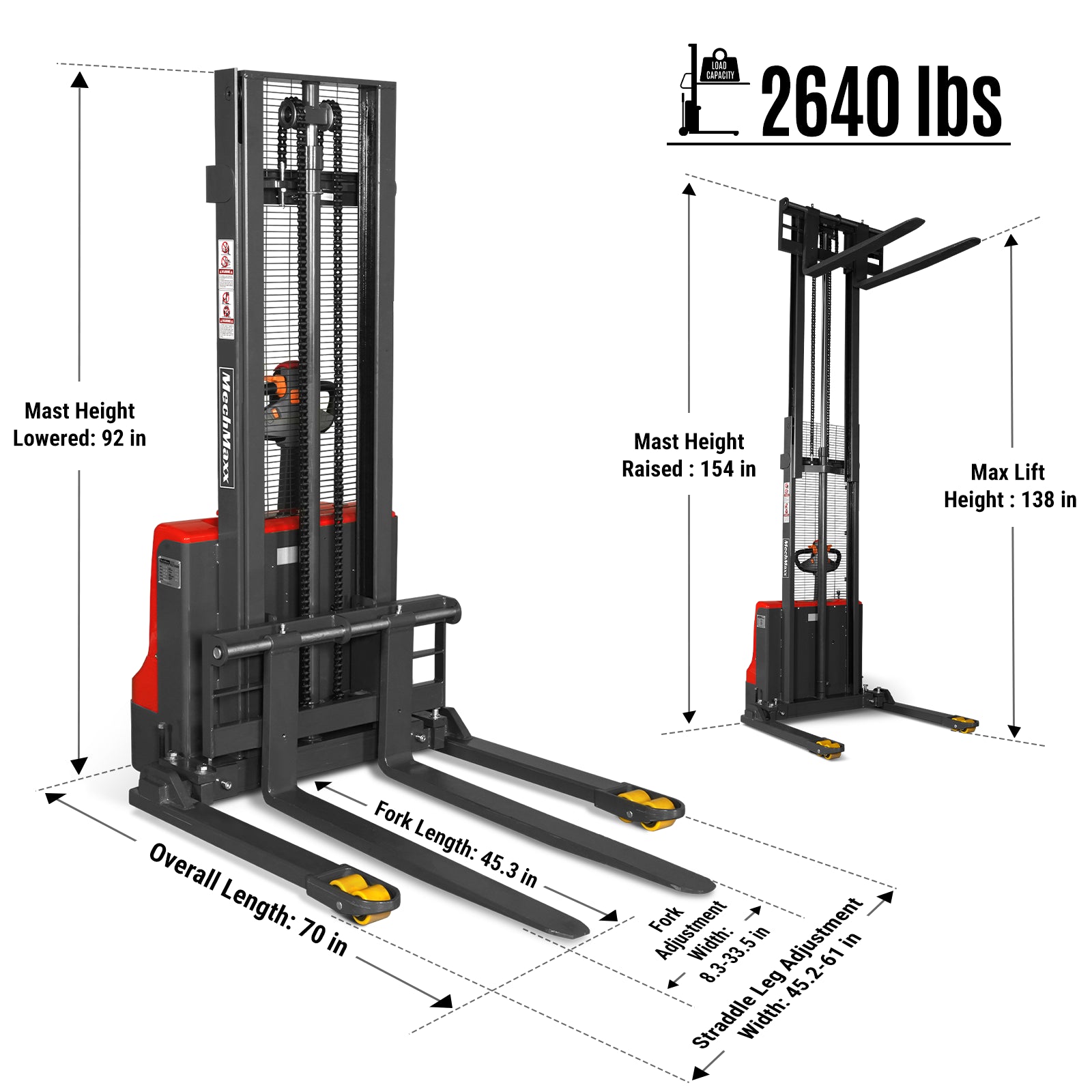 Full Electric Straddle Stacker 138'' Lift 2640lbs Capacity with Adj. Legs and Forks, F26-138S