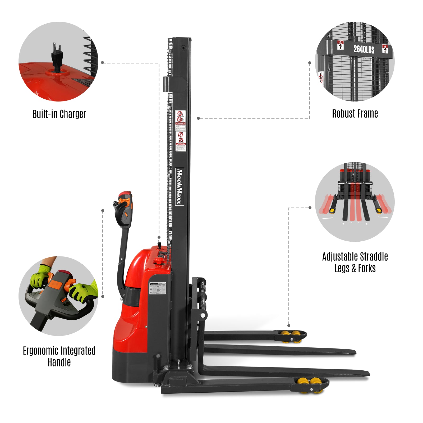 Full Electric Straddle Stacker 138'' Lift 2640lbs Capacity with Adj. L