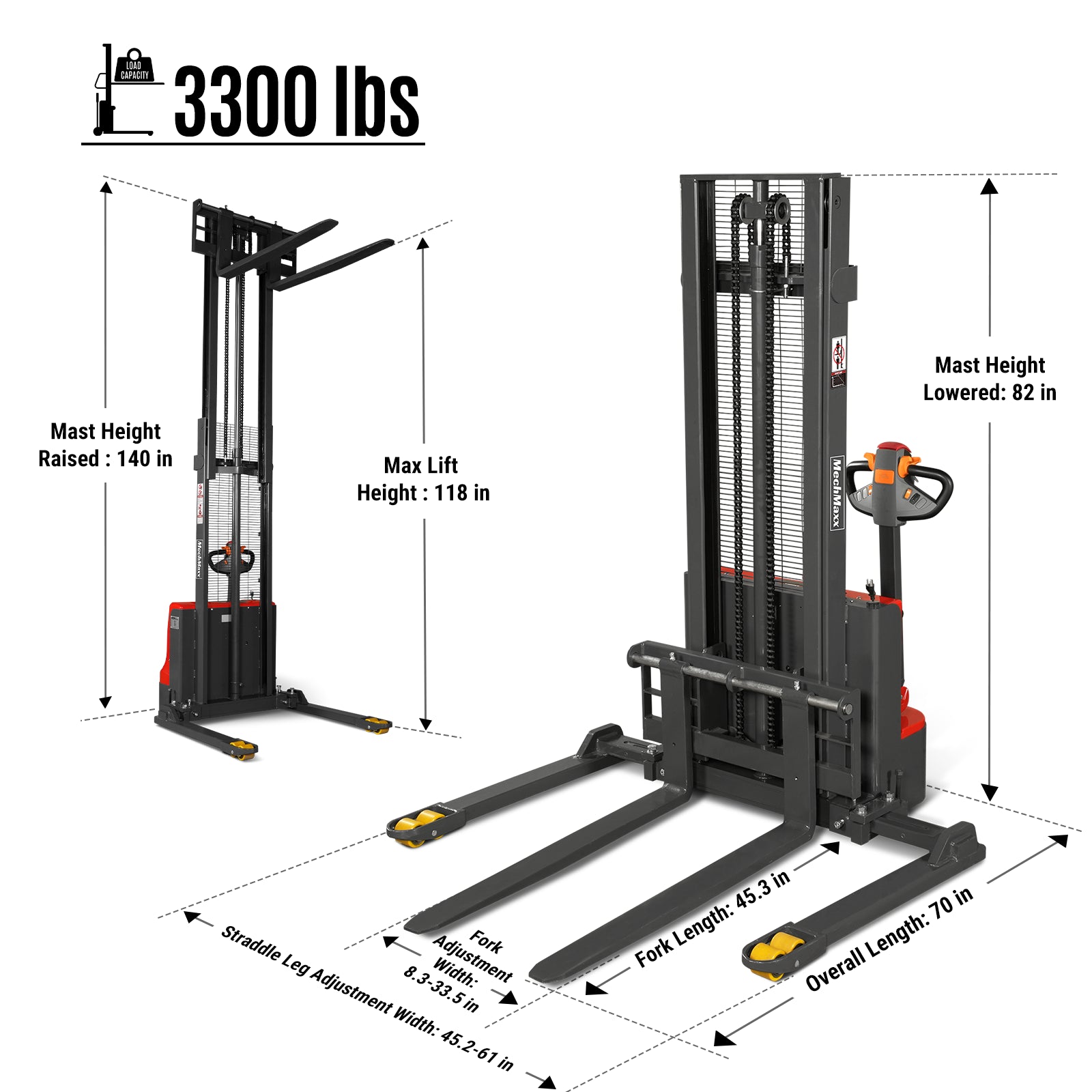 Full Electric Straddle Stacker 118'' Lift 3300lbs Capacity with Adj. Legs and Forks, F33-118S