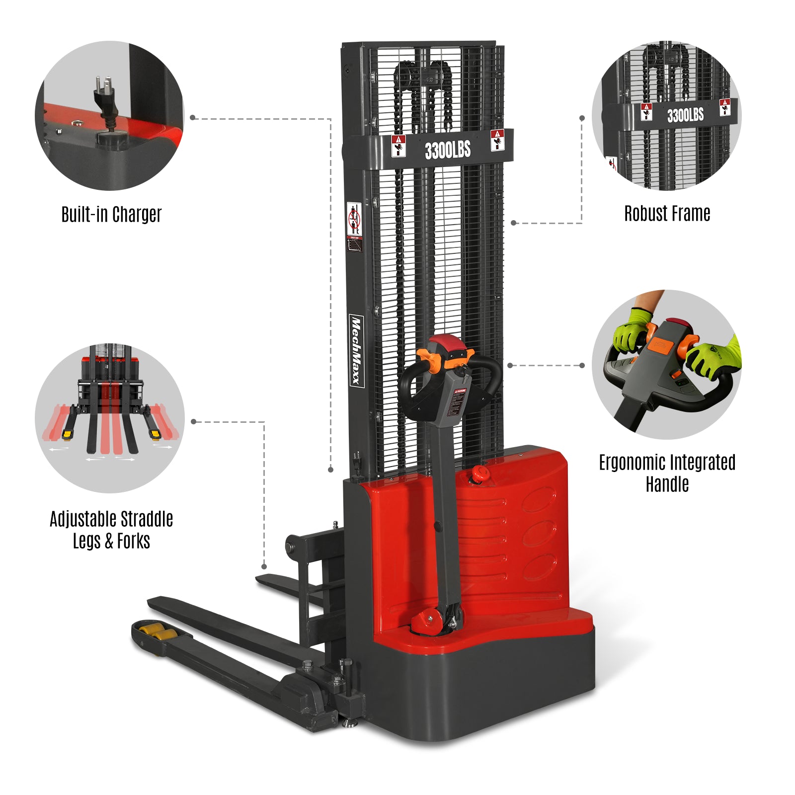 Full Electric Straddle Stacker 118'' Lift 3300lbs Capacity with Adj. Legs and Forks, F33-118S